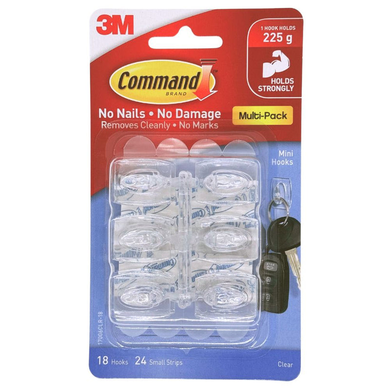 3M Command Mini Clear Hooks with Clear Strips 18 Hooks/24 Strips/225 gm