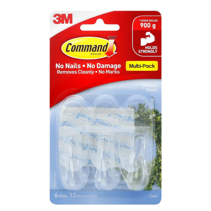 3M Command Medium Clear Hooks with Clear Strips 6 Hooks/12 Strips/900 gm