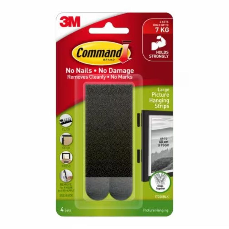 3M Command Large Picture Hanging Strips (Black) 4 Sets of Strips/1.8 Kg per Set