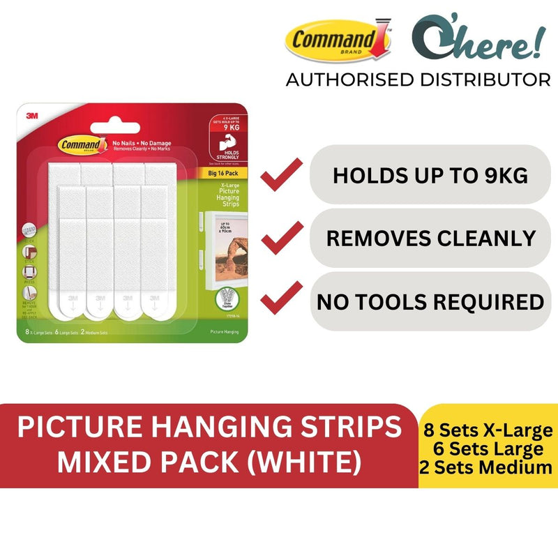 3M Command 17218-16ES White Picture Hanging Strips Mixed Pack, 16 Pairs