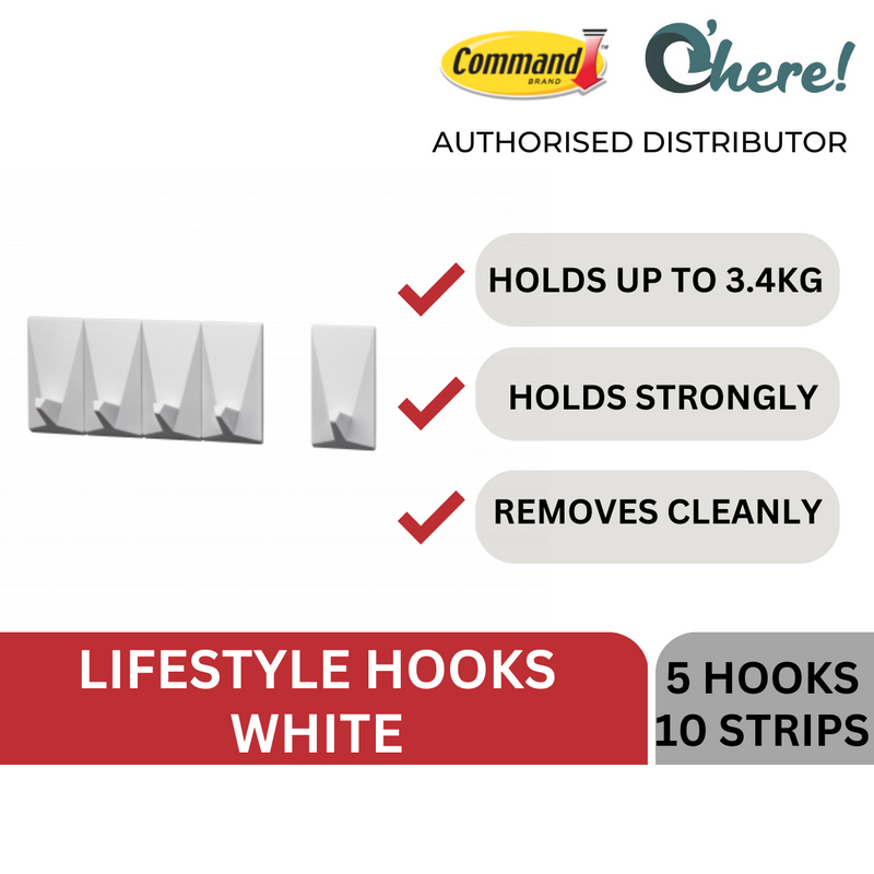 3M Command Hooks 17705, White, 5 Ea Per Box, Lifestyle Series