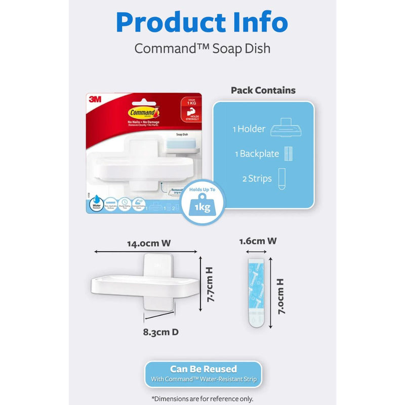 3M Command Bathroom Soap Dish 17728 Holds Up to 1kg Water Resistant