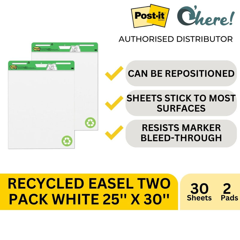 3M Post-it Recycle Easel Pad, White, 63.5x76.2cm, 2 Pads, 30 Sheets/Pad