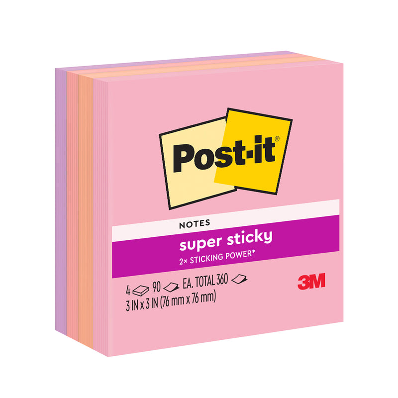 3M Post-It Super Sticky Notes 3x3 inch Flamingo 654-4SSFLA 4 Pads, 90 Sheets/pad