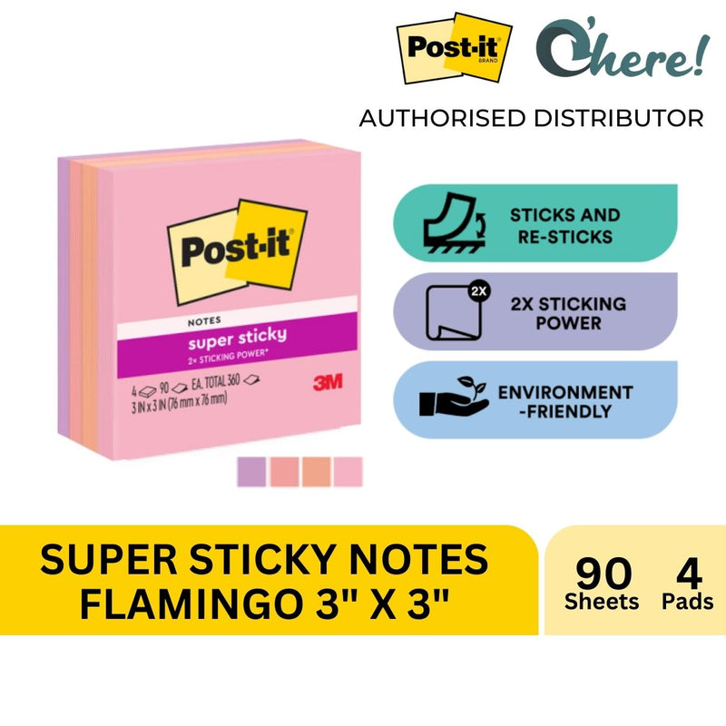 3M Post-It Super Sticky Notes 3x3 inch Flamingo 654-4SSFLA 4 Pads, 90 Sheets/pad