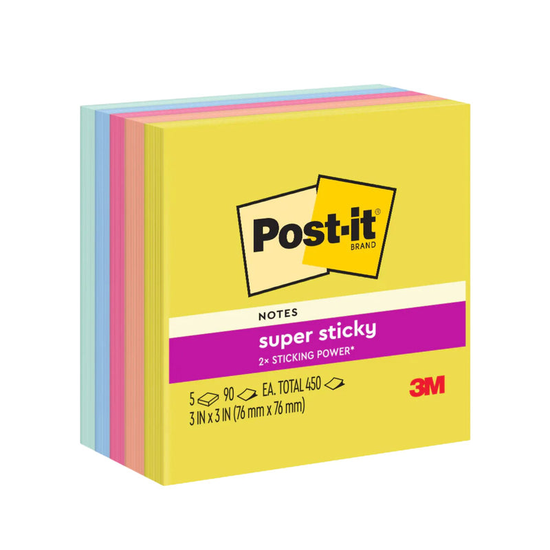 3M Post-it Super Sticky Notes 3" x 3" Summer Joy Collection, 90 Sheet/Pad, 5 Pads/Pack 654-5SSJOY