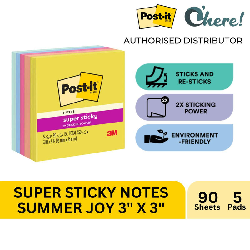 3M Post-it Super Sticky Notes 3" x 3" Summer Joy Collection, 90 Sheet/Pad, 5 Pads/Pack 654-5SSJOY