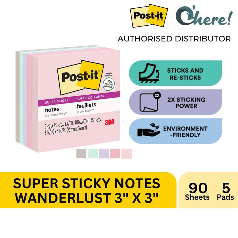 3M Post-it Super Sticky Recycled Wanderlust Pastel Note 3x3 inch 5 Pads, 90 Sheets/Pad, 654-5SSNRP