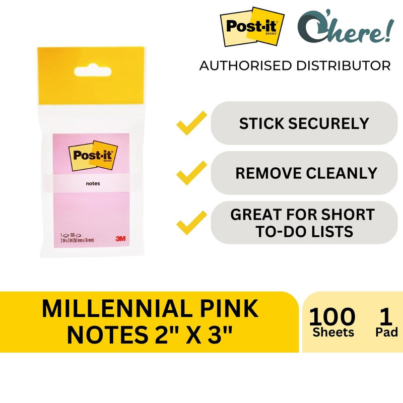 3M Post-it Notes Millennial Pink 656-1MP, 2 In x 3 In, 100 Sheets