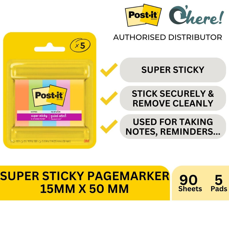 3M Post-it Super Sticky Page Marker, 15mm x 50mm, 90 Sheets/Pad, 5 Pads/Pack, 670-5SSAU