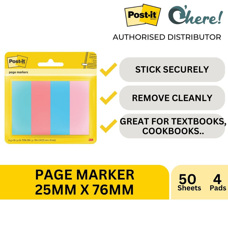 3M Post-It Page Markers 25mm x 76mm, 50 Sheets/Pad, 4 Pads/Pack