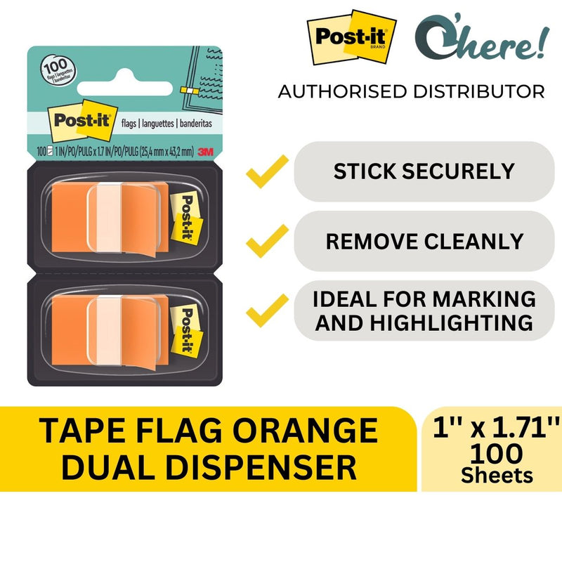 3M Post-it Tape Flags Orange Dual Dispenser 1'' x 1.71'', 100 Sheets, 680-OE2