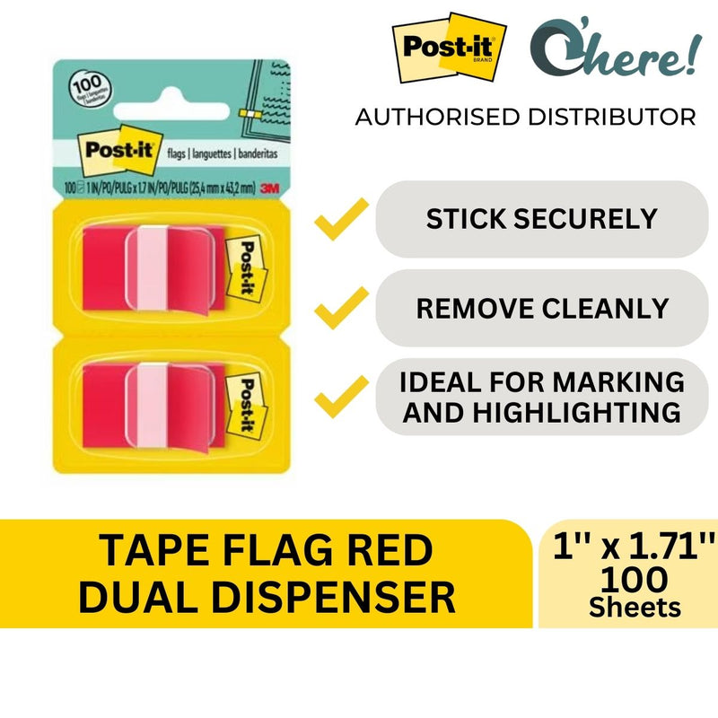 3M Post-it Tape Flags Red Dual Dispenser 1'' x 1.71'', 100 Sheets, 680-RD2