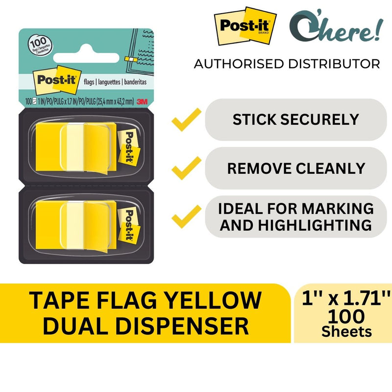 3M Post-it Tape Flags Yellow Dual Dispenser 1'' x 1.71'', 100 Sheets, 680-YW2