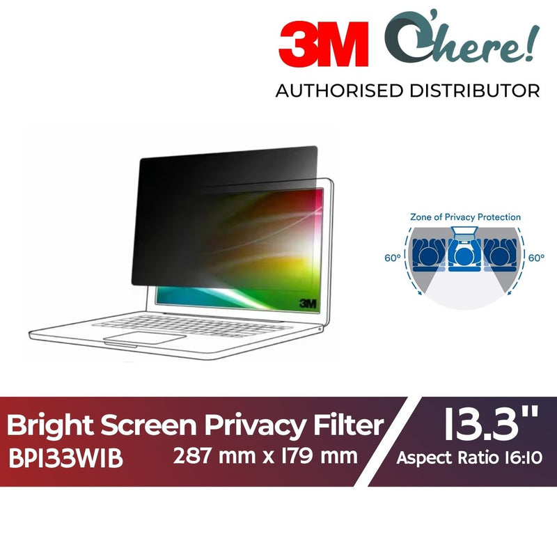 3M Bright Screen Privacy Filter for 13.3in Laptop, 287mm x 179mm, 16:10, BP133W1B