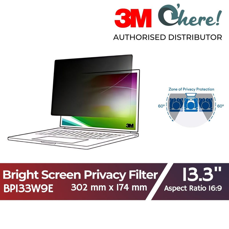 3M™ Bright Screen Privacy Filter for 13.3in Full Screen Laptop, 302mm x 174mm, 16:9, BP133W9E