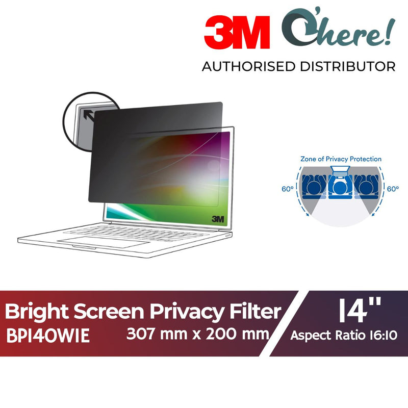 3M Bright Screen Privacy Filter for 14in Full Screen Laptop, 307mm x 200mm, 16:10, BP140W1E
