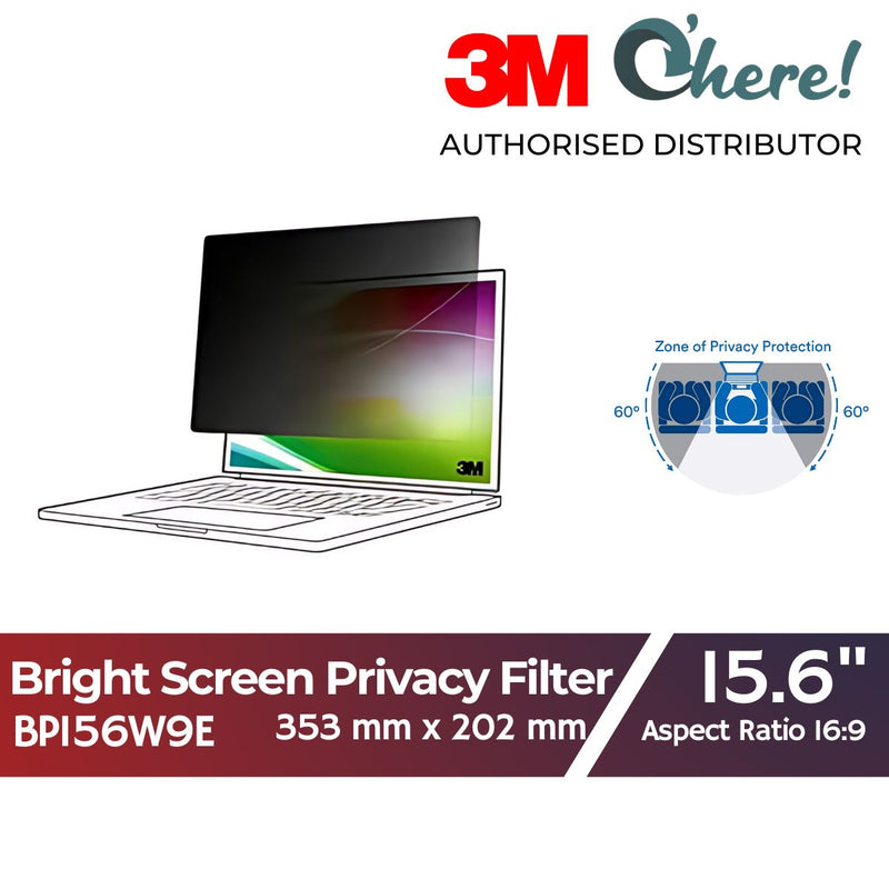 3M Bright Screen Privacy Filter for 15.6in Full Screen Laptop, 353mm x 202mm, 16:9, BP156W9E