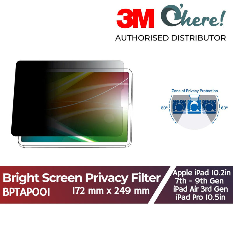 3M Bright Screen Privacy Filter for Apple iPad 10.2in 7th - 9th Gen, iPad Air 3rd Gen, iPad Pro 10.5in, BPTAP001