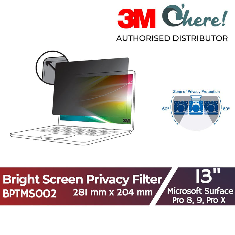 3M Bright Screen Privacy Filter for Microsoft Surface Pro 8, 9, Pro X, 13in, 281 mm x 204 mm, 3:2, BPTMS002