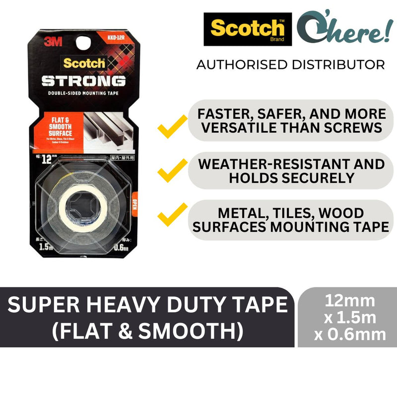 3M Scotch Super Heavy Duty Tape for Metal, Glass, Tiles & Woods, Flat & Smooth Surfaces 12 mm X 1.5 Meter