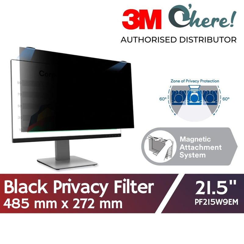 3M Privacy Filter for 21.5in Full Screen Monitor with 3M COMPLY Magnetic Attach, 485 mm x 272 mm, 16:9, PF215W9EM