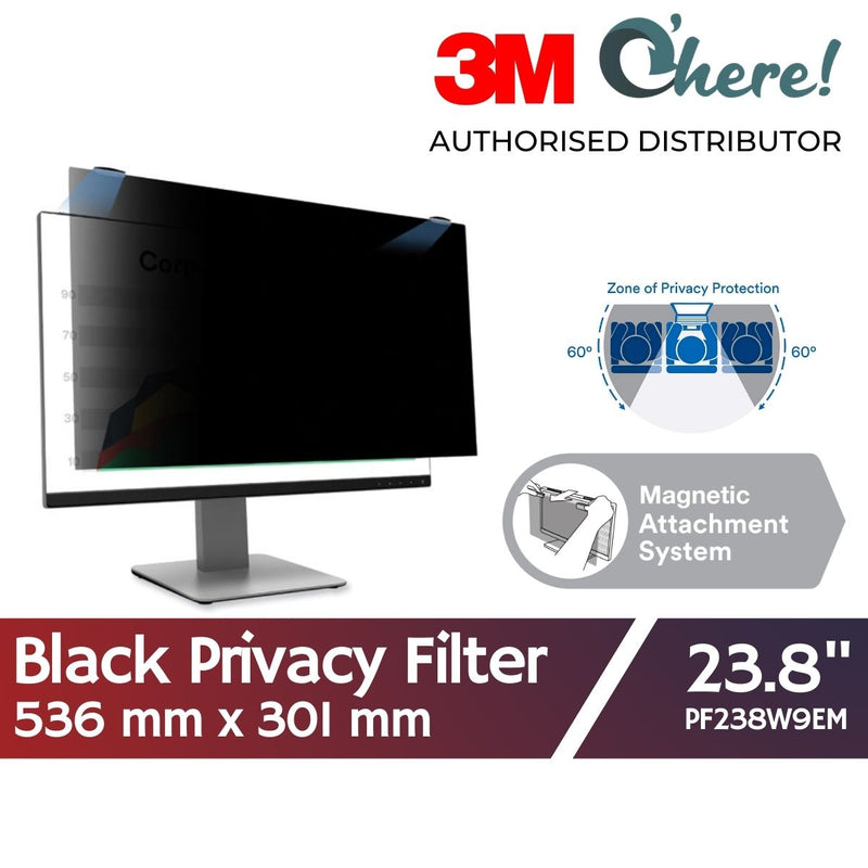 3M Privacy Filter for 23.8in Full Screen Monitor with 3M COMPLY Magnetic Attach, 536 mm x 301 mm, (16:9) PF238W9EM