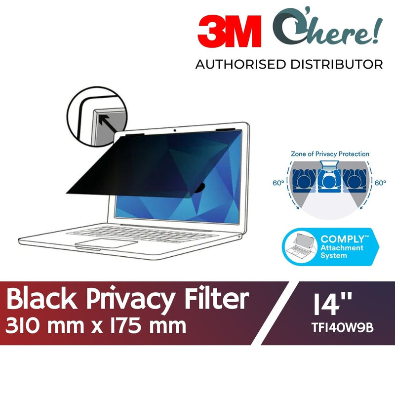 3M Touch Privacy Filter for 14in Laptop with 3M COMPLY Flip Attach, 310 mm x 175 mm 16:9, TF140W9B