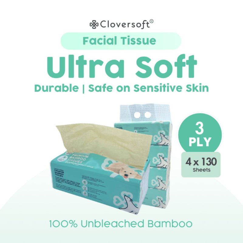 Cloversoft Plant-Based Unbleached Bamboo Tissues 3 Ply 4 X 130 Sheets