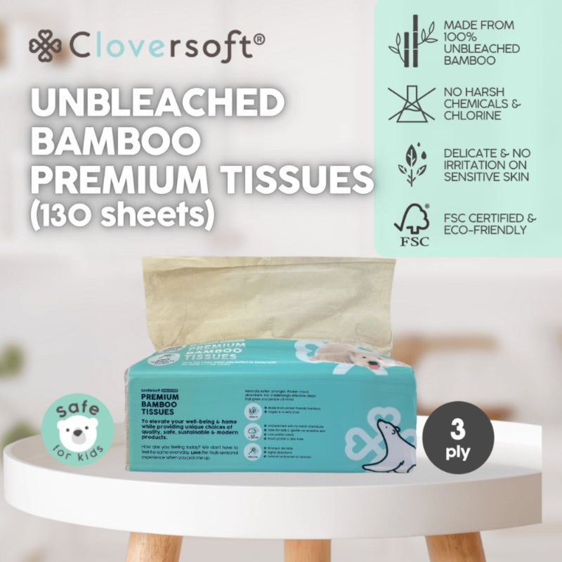 Cloversoft Plant-Based Unbleached Bamboo Tissues 3 Ply 4 X 130 Sheets
