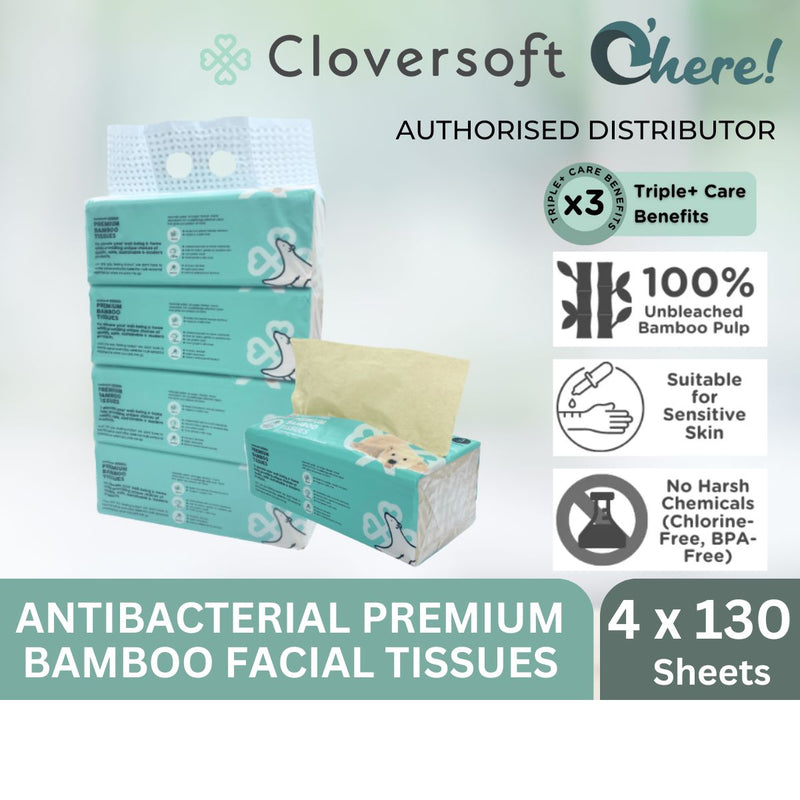 Cloversoft Plant-Based Unbleached Bamboo Tissues 3 Ply 4 X 130 Sheets