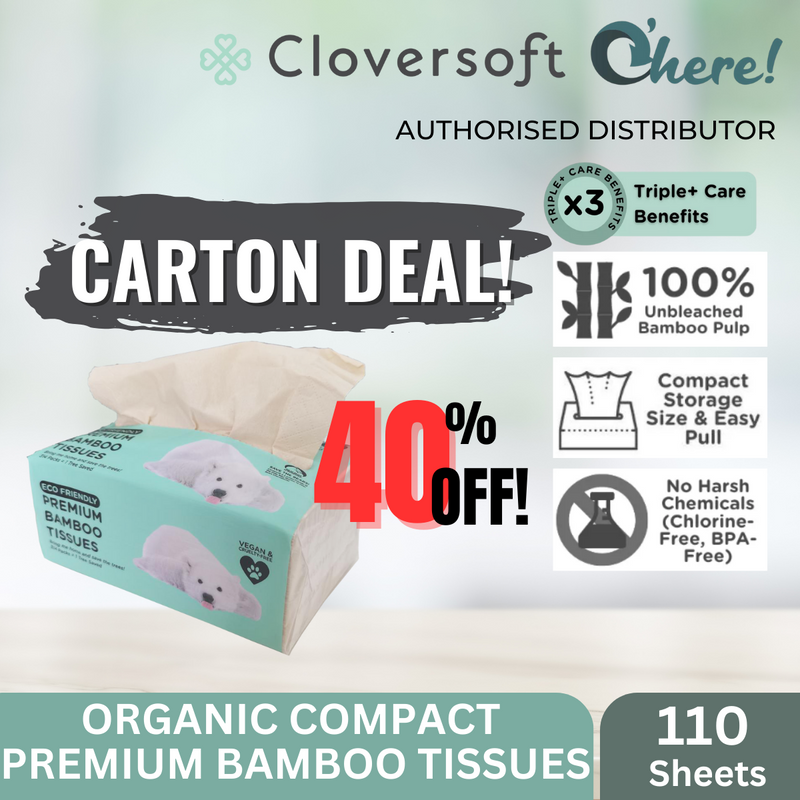 Cloversoft Plant-Based Compact Unbleached Bamboo Premium Tissues 3 Ply 100 Sheets Plus extra 10 sheets [Carton Deal]