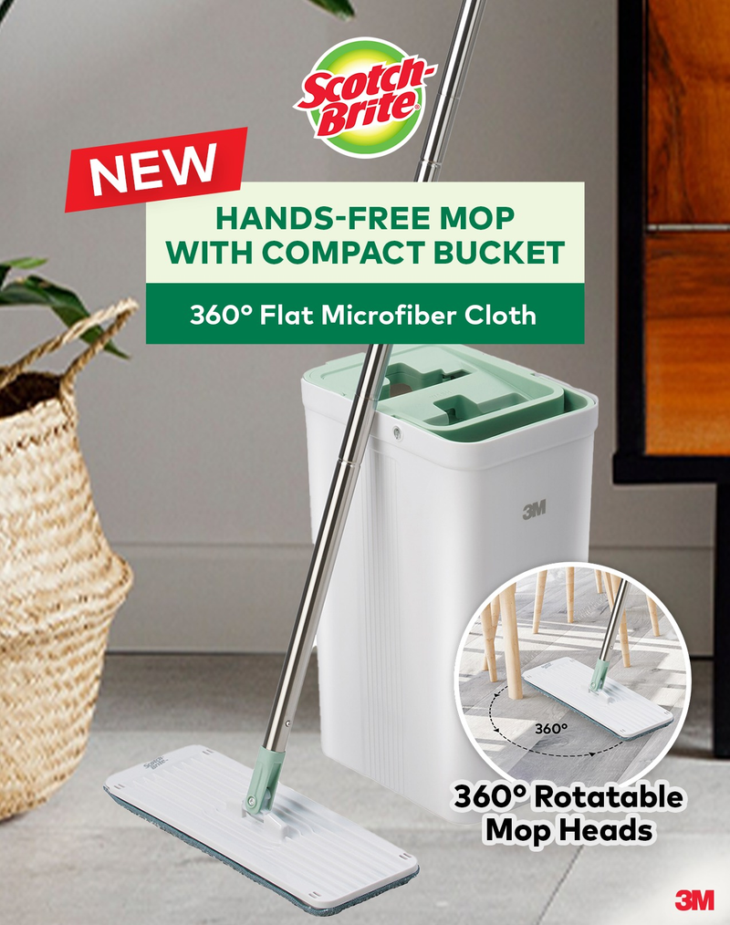 3M Scotch Brite Compact Hands-Free Flat Mop with Bucket