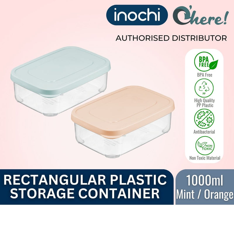 Inochi Hokkaido Rectangular Plastic Food Container Box 1000ml, Mint/Orange