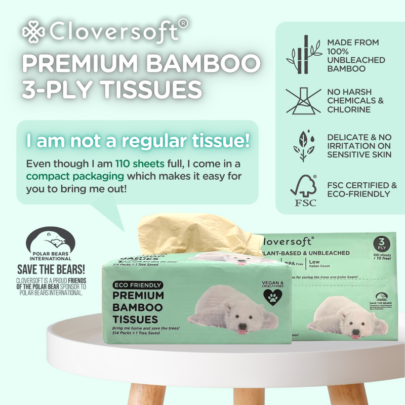 Cloversoft Plant-Based Compact Unbleached Bamboo Premium Tissues 3 Ply 100 Sheets Plus extra 10 sheets [Carton Deal]