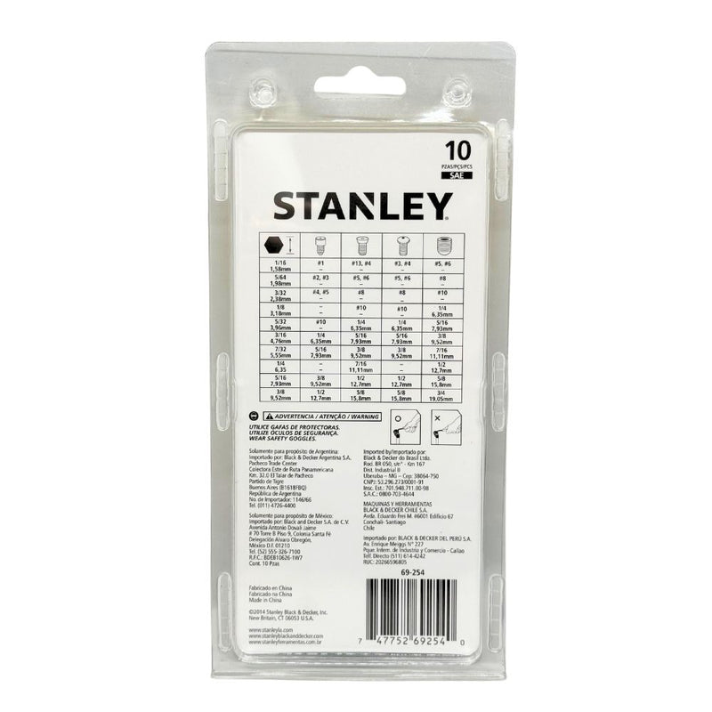 Stanley Hex Key 10 Pcs Short Arm Set 1/16"-3/8"