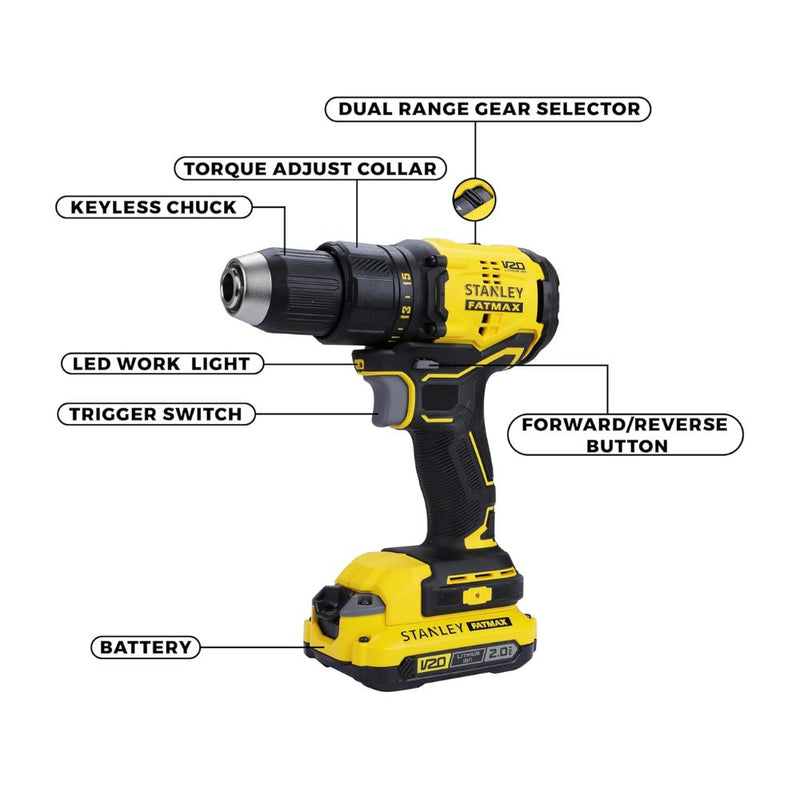 Stanley Fatmax 20V 2X2.0AH 13mm Cordless Brushless Drill Machine Driver SBD710D2K-B1