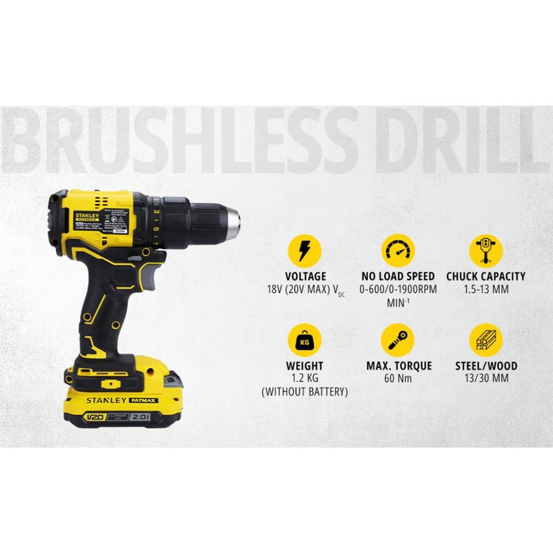 Stanley Fatmax 20V 2X2.0AH 13mm Cordless Brushless Drill Machine Driver SBD710D2K-B1