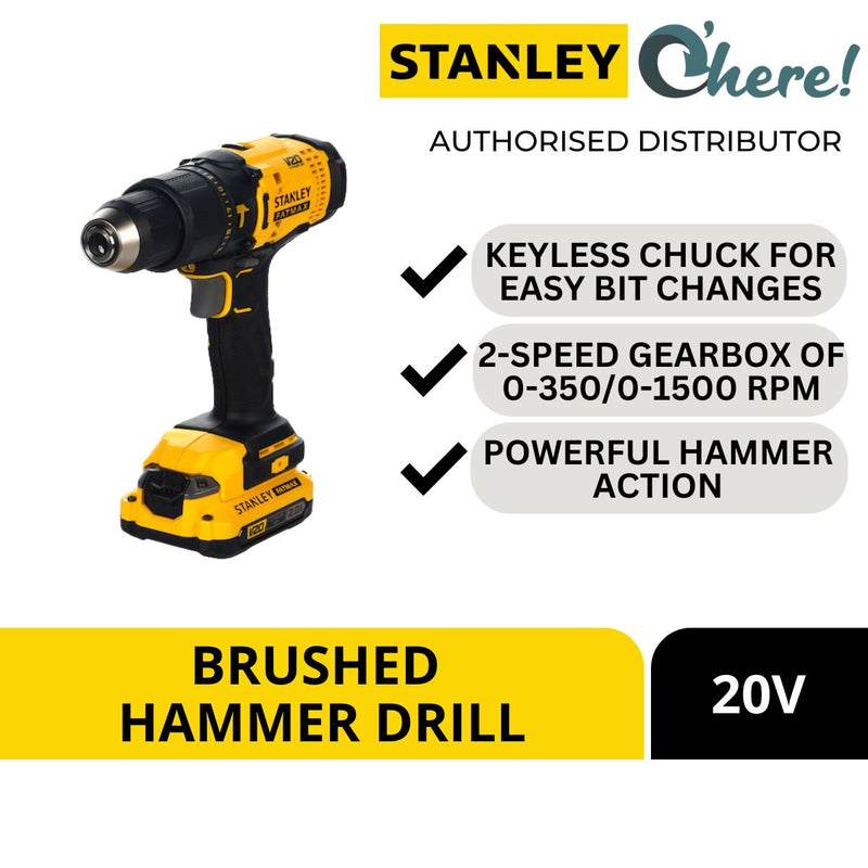 Stanley 20V 2.0AH Li-on Brushed Hammer Drill 50NM SCD711D2K-B1