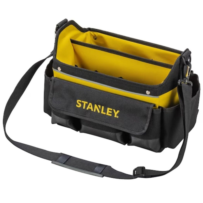 Stanley 600 Denier Open Mouth Tote Tool Bag, Heavy Duty Steel Handle, Multi-Pockets Storage for Small Parts, 12 Inch