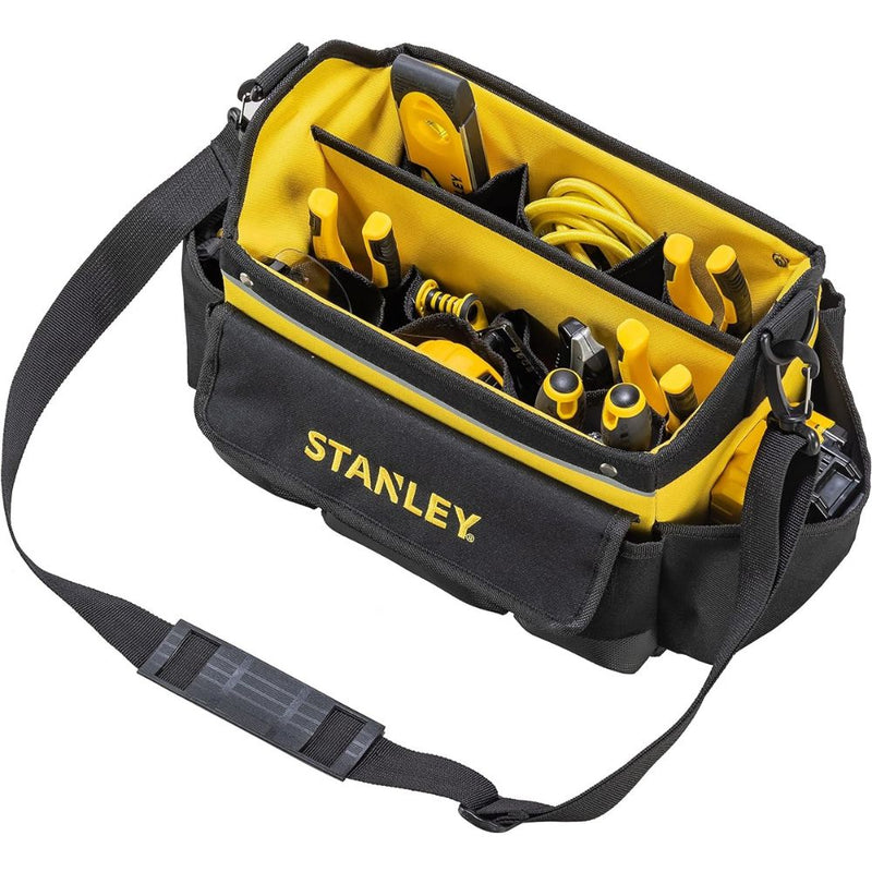 Stanley 600 Denier Open Mouth Tote Tool Bag, Heavy Duty Steel Handle, Multi-Pockets Storage for Small Parts, 12 Inch
