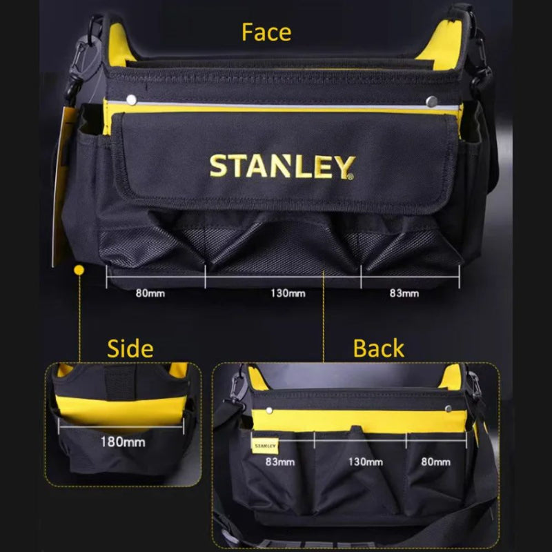 Stanley 600 Denier Open Mouth Tote Tool Bag, Heavy Duty Steel Handle, Multi-Pockets Storage for Small Parts, 12 Inch