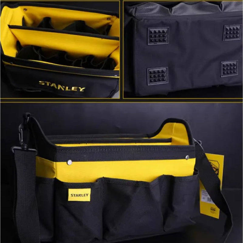 Stanley 600 Denier Open Mouth Tote Tool Bag, Heavy Duty Steel Handle, Multi-Pockets Storage for Small Parts, 12 Inch