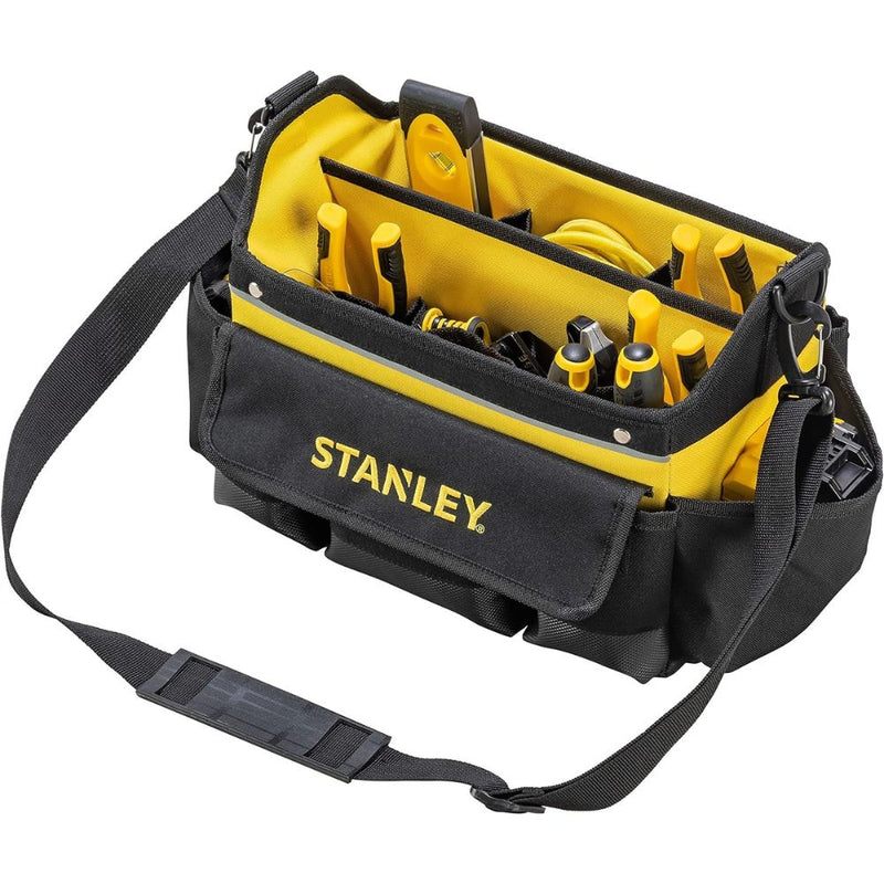Stanley 600 Denier Open Mouth Tote Tool Bag, Heavy Duty Steel Handle, Multi-Pockets Storage for Small Parts, 12 Inch