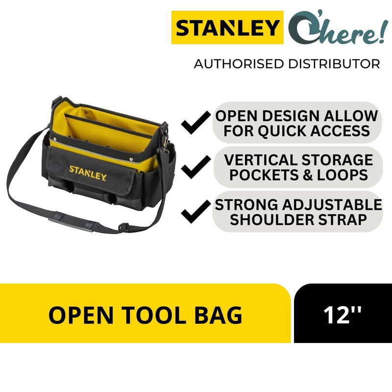 Stanley 600 Denier Open Mouth Tote Tool Bag, Heavy Duty Steel Handle, Multi-Pockets Storage for Small Parts, 12 Inch