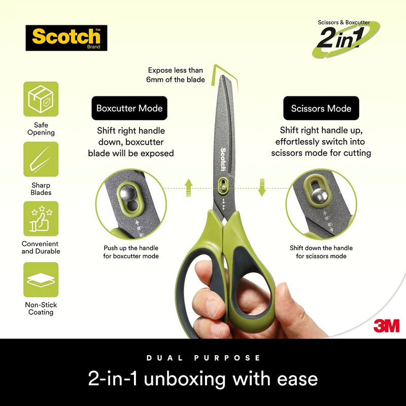 3M Scotch Non-Stick 2 in 1 Unboxing Scissors 7" Scissors/ Boxcutter/ Parcel
