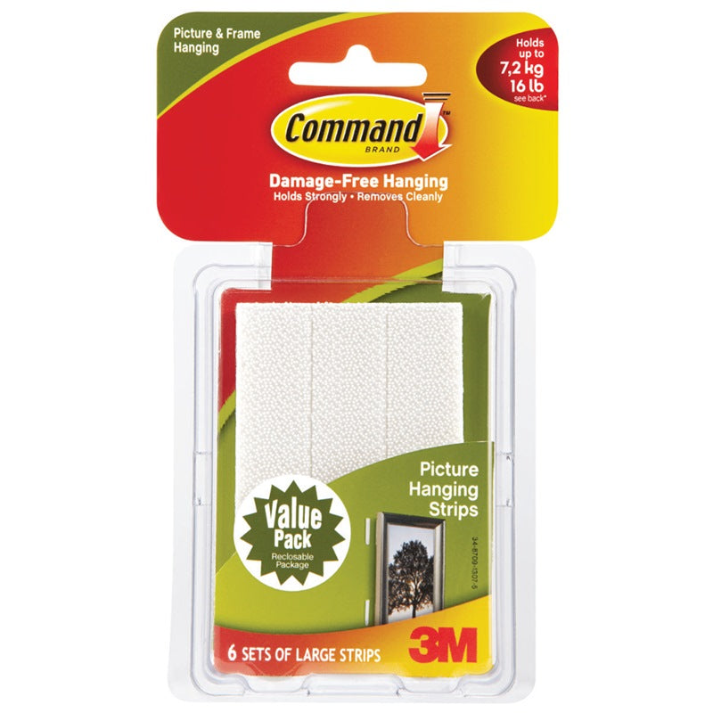 3M Command Large Picture Hanging Strips Value Pack 6 Sets Large Strips Hold Up to 7.2 Kg