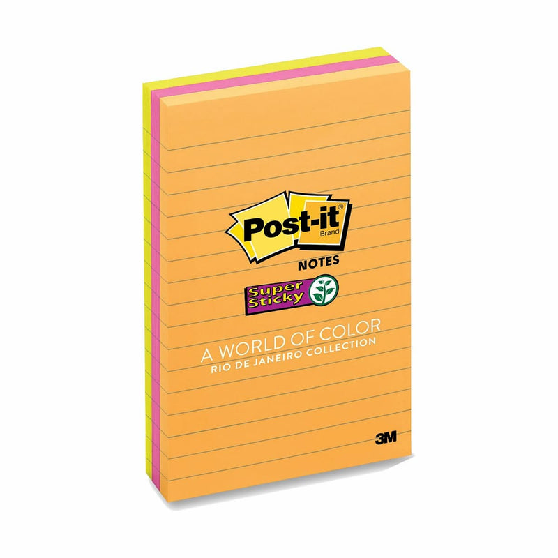 3M Post-it Super Sticky Rio De Janeiro Collection Lined Notes 6" X 4" 3 Pad/Pack 90 Sheet/Pad 270 Sheets