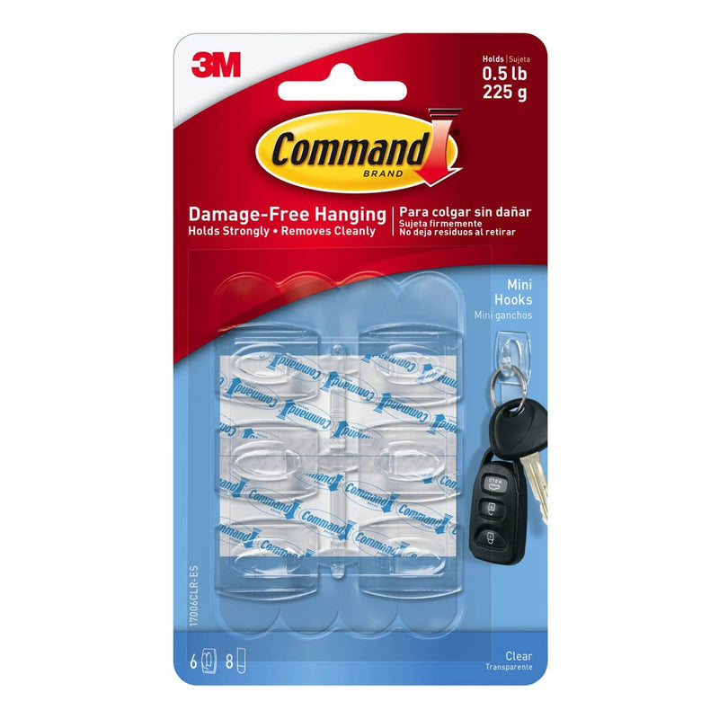 3M Command Mini Clear Hooks with Clear Strips 6 Hooks/8 Strips/225 gm