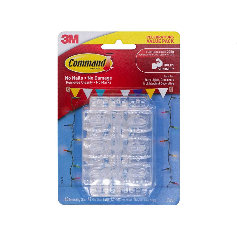 3M Command Celebrations Value Pack 40 Decorating Clips/12 Mini Clear Hooks